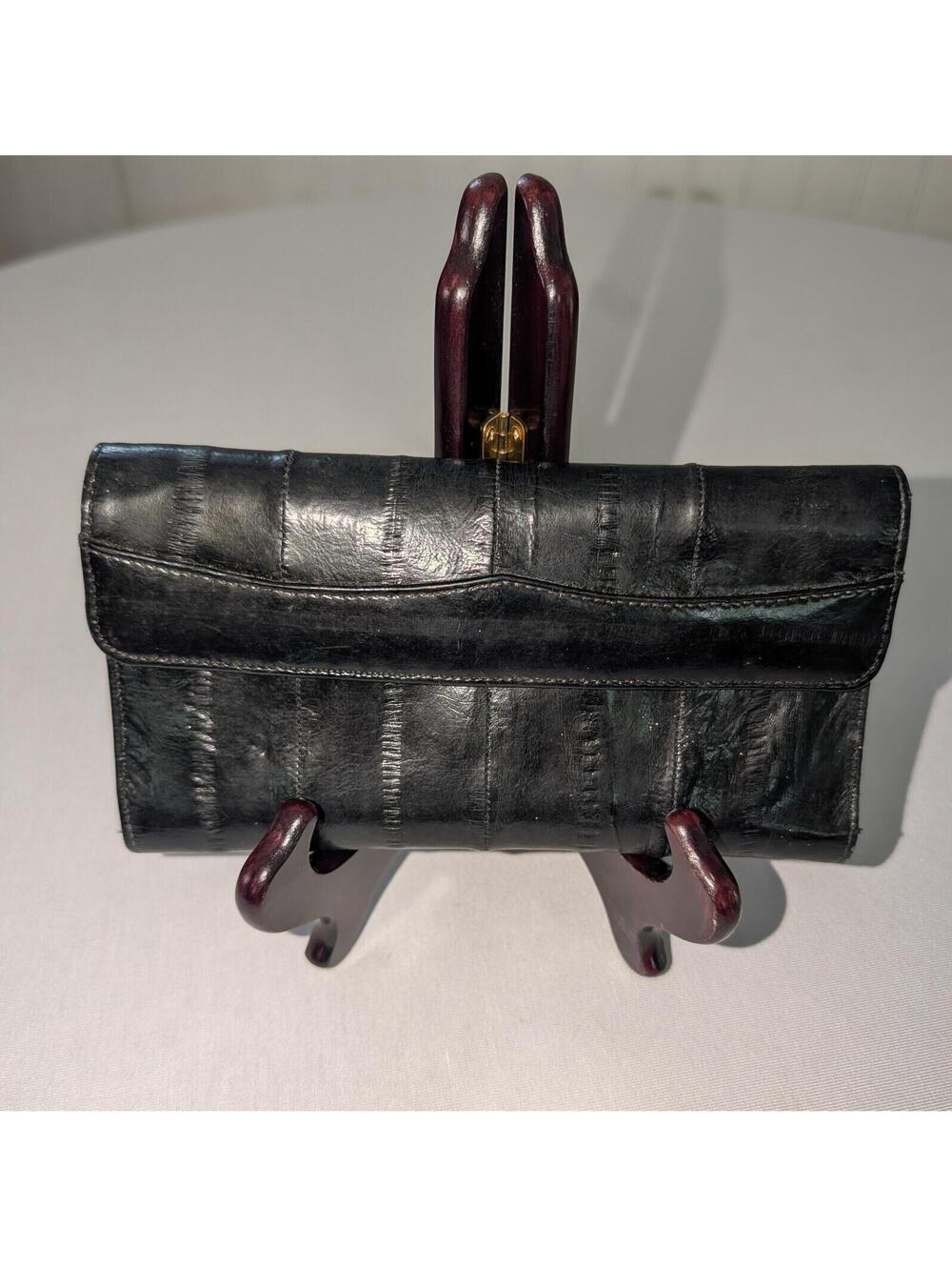 Black Genuine Eel Leather Clutch Wallet with Zipper Pocket